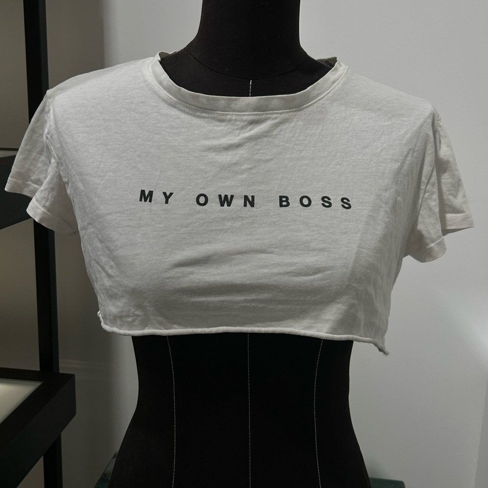 Bershka White Crop Top with Black Text